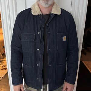 Carhartt Dark Blue Denim Sherpa Collar Work Jacket